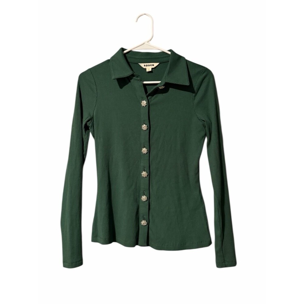 Boden Jewelled Button Ribbed Shirt In Green Size 6 - Picture 2 of 5